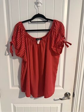 Elizabeth Women’s 3X Red White Striped Peasant Blouse Puff Sleeve Tie Detail